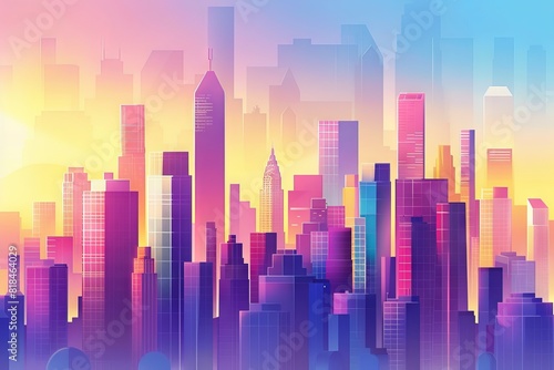 Vibrant  colorful cityscape illustration with skyscrapers at sunrise  showcasing a modern urban skyline in vivid pastel hues.