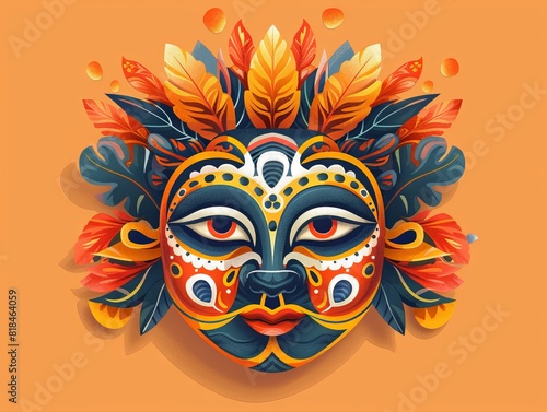 Vibrant, colorful tribal mask illustration with intricate designs and feather accents, set against an orange background.