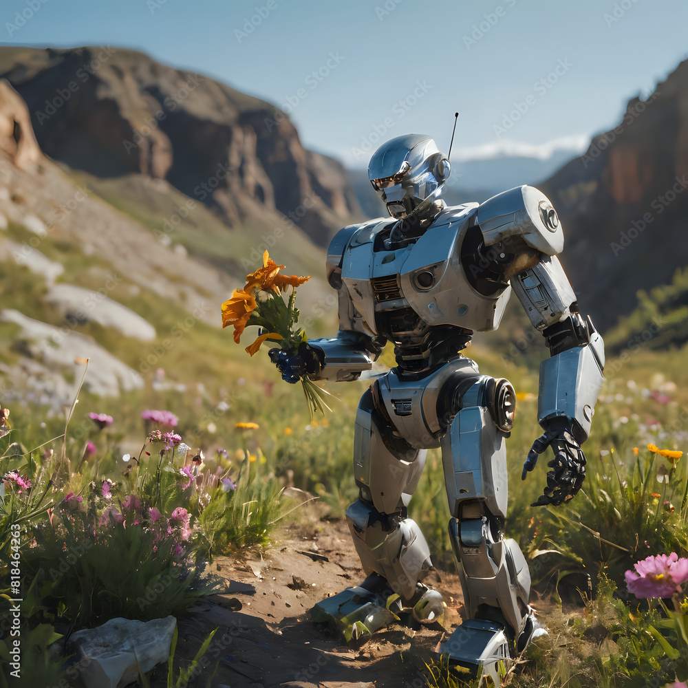 Naklejka premium a robot that is holding a flower in his hand