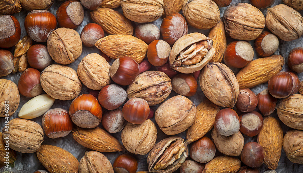 Assorted nuts piled together, symbolizing abundance and variety, fill the background in this vibrant stock photo Assorted nuts piled together, symbolizing abundance and variety, fill the background in this vibrant stock photo