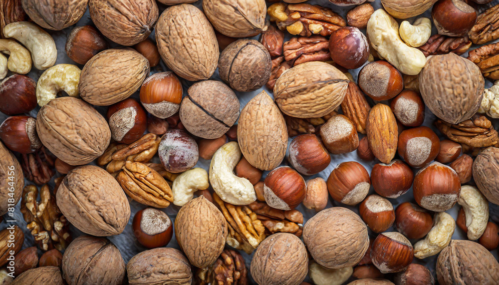 Assorted nuts piled together, symbolizing abundance and variety, fill the background in this vibrant stock photo Assorted nuts piled together, symbolizing abundance and variety, fill the background in this vibrant stock photo