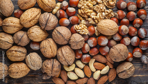Assorted nuts piled together, symbolizing abundance and variety, fill the background in this vibrant stock photo