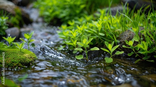 fresh spring stream with young green plants abstract outdoor nature background