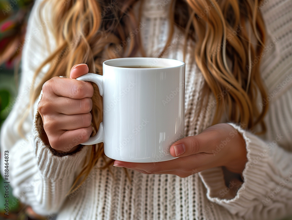 Smiling woman with a mug enjoys a hot drink, possibly coffee or tea, at a cafe in the morning Smiling woman with a mug enjoys a hot drink, possibly coffee or tea, at a cafe in the morning