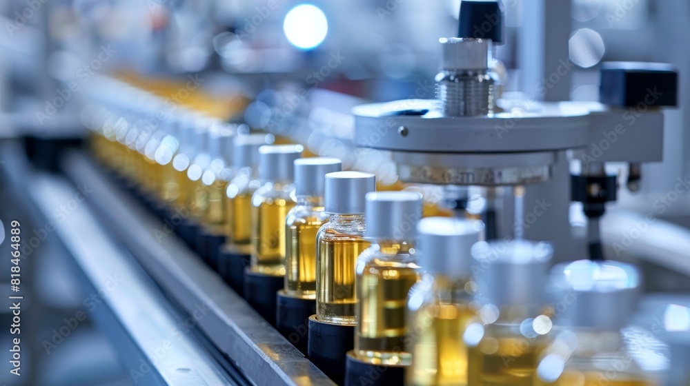Automated manufacturing line producing clear glass bottles filled with yellow liquid, showcasing modern industrial automation and precision. Automated manufacturing line producing clear glass bottles filled with yellow liquid, showcasing modern industrial automation and precision.
