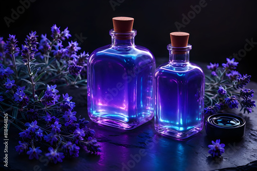 Aromatherapy violet essential oil bottles with lavender flowers on a stone base against a dark background.