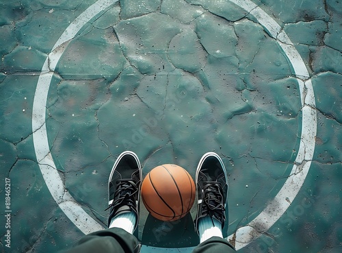 Close up of a basketball player s feet with a ball on an outdoor court  from a high angle view  with detailed skin texture  black shoes  sneakers with white socks 