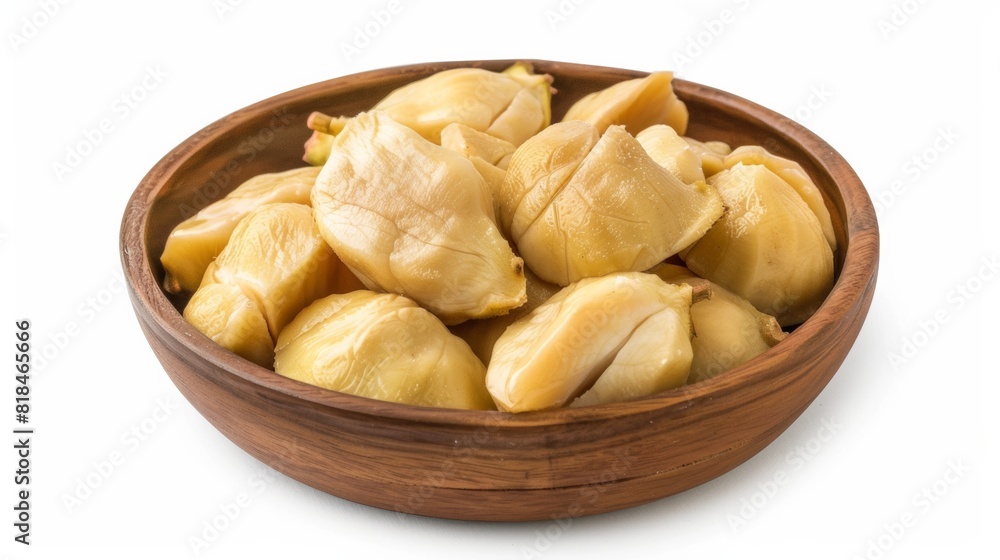 A wooden bowl filled with peeled and ready-to-eat jackfruit segments, showcasing their vibrant yellow hue and textured surface.