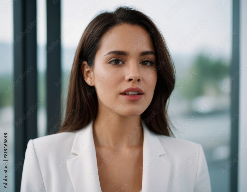 A woman in a white jacket and a white blouse is standing in front of a window