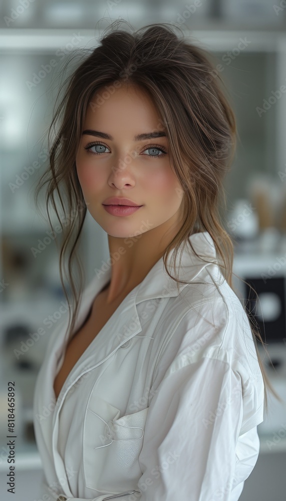 Stunning Brunette Doctor Cosmetologist with Striking Gray Eyes: Expertise in Skin Care and Beauty Treatments Stunning Brunette Doctor Cosmetologist with Striking Gray Eyes: Expertise in Skin Care and Beauty Treatments