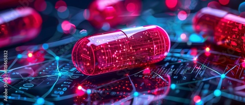 Close-up of red capsule on digital background, illustrating futuristic pharmaceutical technology, modern tech in healthcare, and innovative medicine.