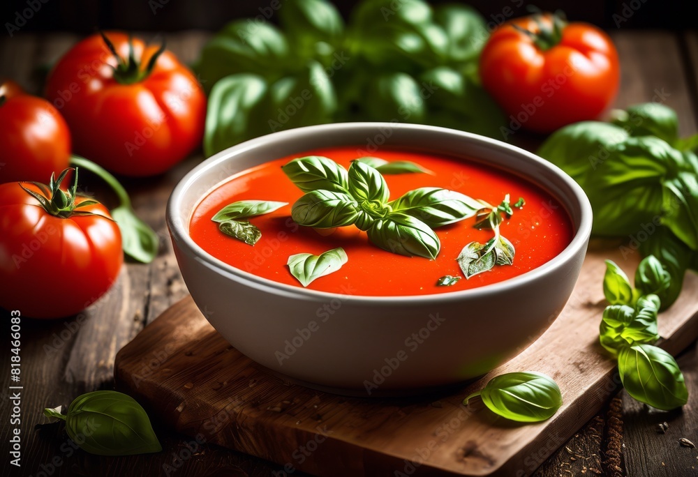 creamy tomato soup bowl fresh basil garnish, sprig, food, cuisine, red, delicious, tasty, appetizing, vegetarian, healthy, organic, natural, culinary, meal creamy tomato soup bowl fresh basil garnish, sprig, food, cuisine, red, delicious, tasty, appetizing, vegetarian, healthy, organic, natural, culinary, meal