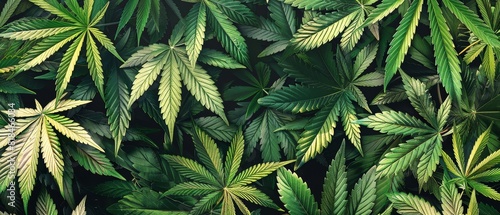 Close-up of vibrant green cannabis leaves forming a dense, lush background, showcasing the natural beauty and intricate details of the plant.