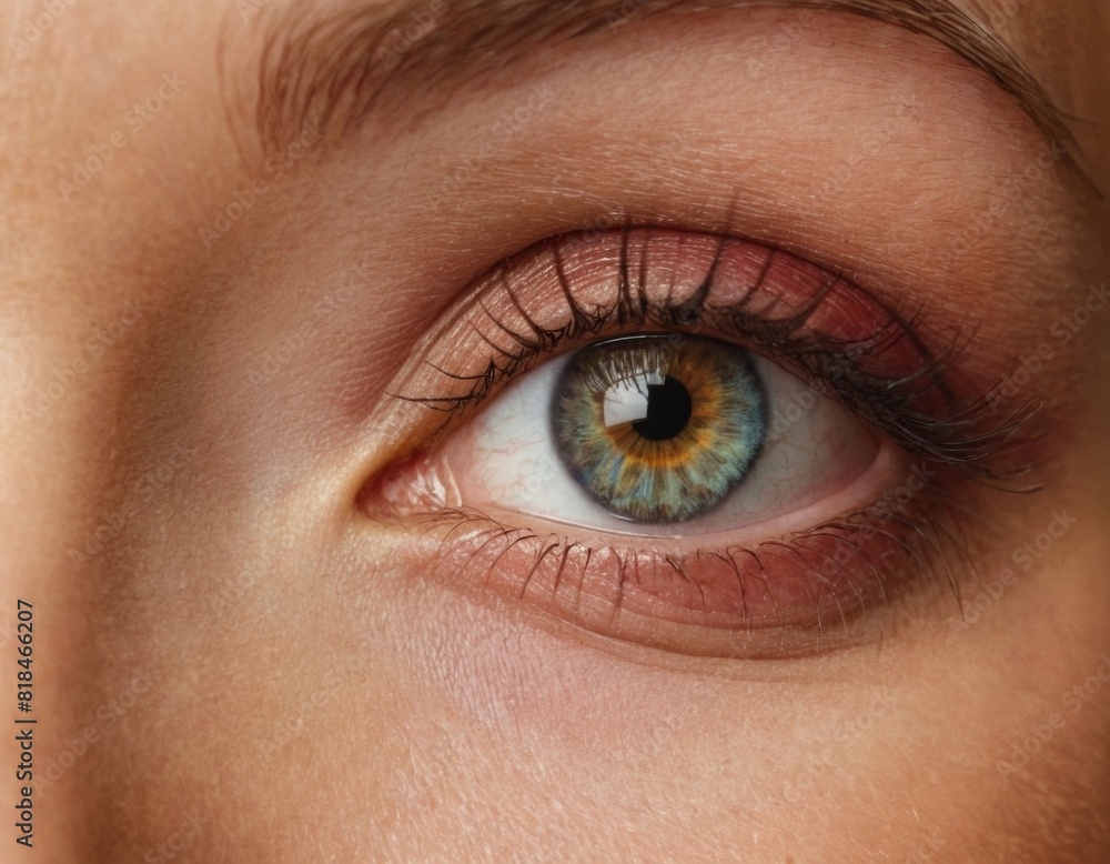 A woman's eye is open and has a green and yellow color A woman's eye is open and has a green and yellow color