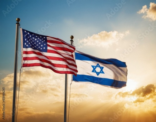 Two flags, one of which is the American flag, are flying side by side. The other is the Israel flag.