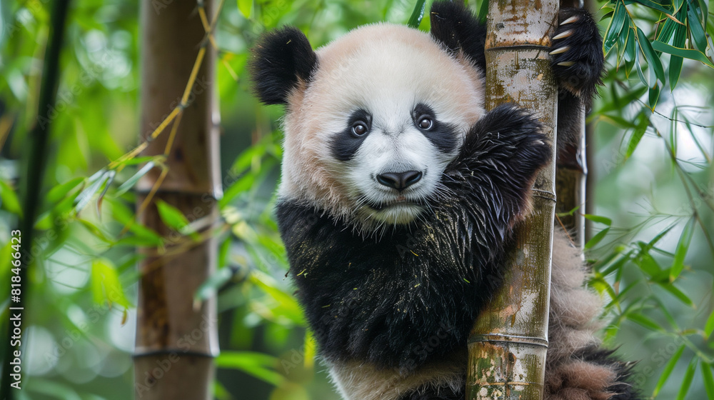 Obraz premium A giant panda hanging from a bamboo tree, with a cute facial expression, Ai generated Images