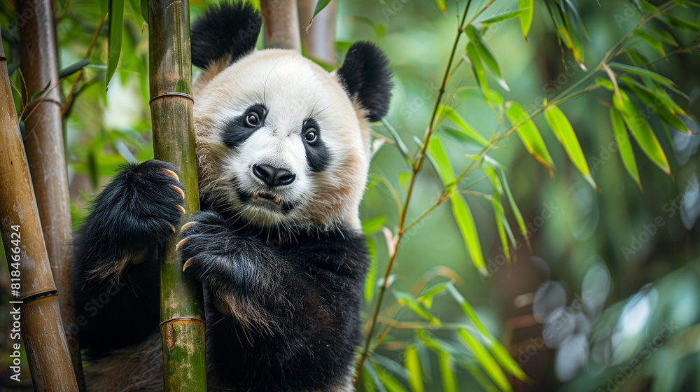Obraz premium A giant panda hanging from a bamboo tree, with a cute facial expression, Ai generated Images