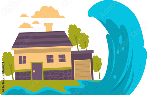 Powerful tsunami waves sweep through and inundate houses and streets, natural disaster warning sign illustration