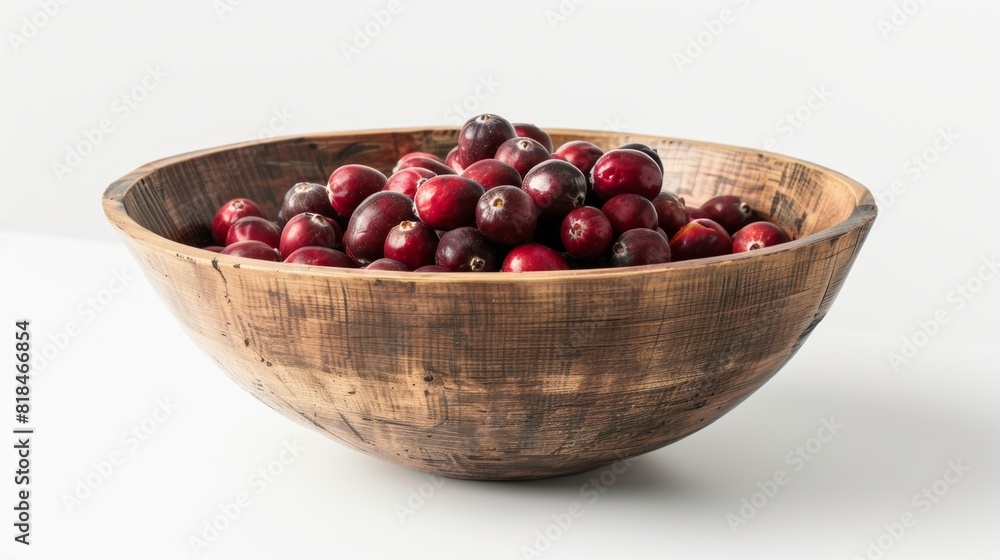 A rustic wooden bowl filled with fresh, ripe red cranberries, placed against a minimalist white background. A rustic wooden bowl filled with fresh, ripe red cranberries, placed against a minimalist white background.
