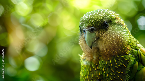 Kakapo bird with a blurred background, the details of its unique green and yellow feathers are clearly visible, its cute facial expression, Ai Generated Images photo