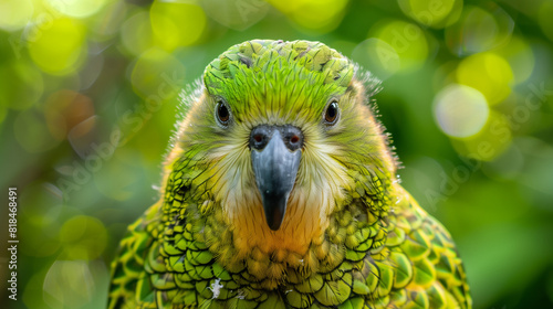 Kakapo bird with a blurred background, the details of its unique green and yellow feathers are clearly visible, its cute facial expression, Ai Generated Images photo
