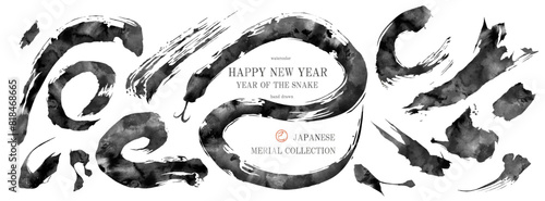 巳年, 巳, 年賀状, 蛇, 2025年, ベクター, 筆, 筆書き, フレーム, お正月, 和, 和風, へび, スネーク, セット, 水墨, 墨, イラスト