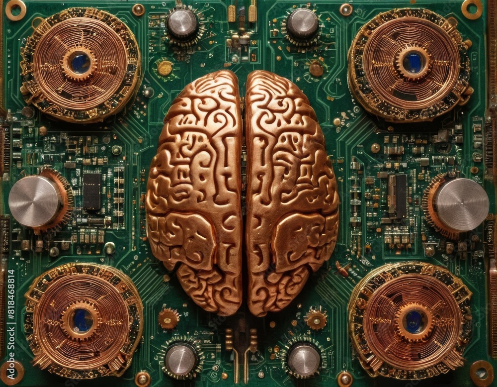 A brain is made of electronic components and is surrounded by gears A brain is made of electronic components and is surrounded by gears