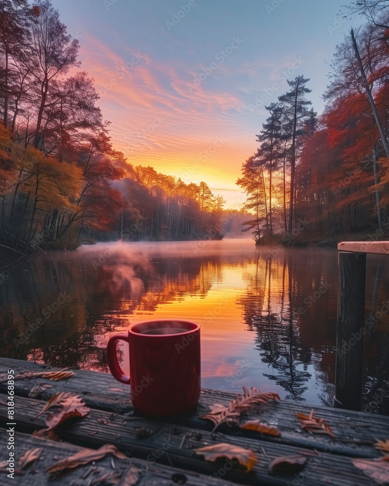 Tranquil Sunset over a Serene Lake with Reflecting Sky and Trees, Embracing Nature's Beauty in Shades of Red, Orange, and Yellow Tranquil Sunset over a Serene Lake with Reflecting Sky and Trees, Embracing Nature's Beauty in Shades of Red, Orange, and Yellow