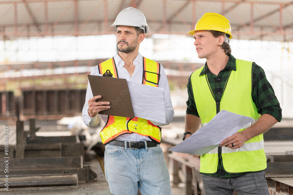 Foreman and workers team meeting for planning project at precast concrete factory site, Site manager and builder on construction site. Foreman and workers team meeting for planning project at precast concrete factory site, Site manager and builder on construction site.