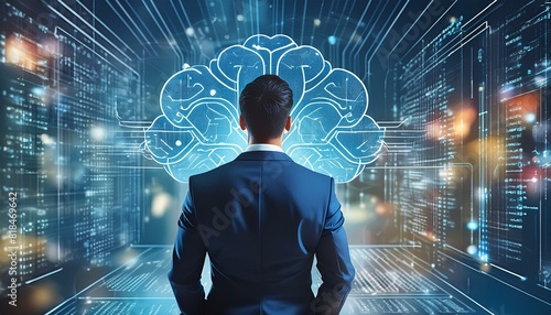 AI Artificial Intelligence. Business man using AI technology for data analysis, coding computer language with digital brain, machine learning on virtual screen, business intelligence photo