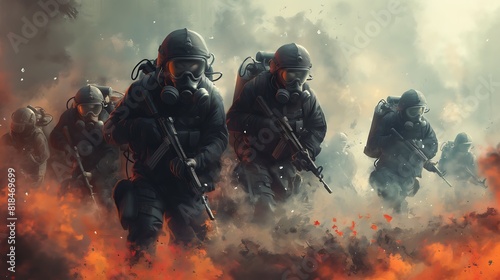 Elite Tactical Team on a Dangerous Mission in Fiery Environment