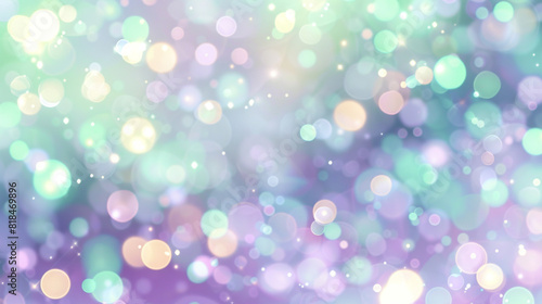 An abstract blur bokeh banner background with soft lilac and mint green bokeh lights, perfect for a spring theme.