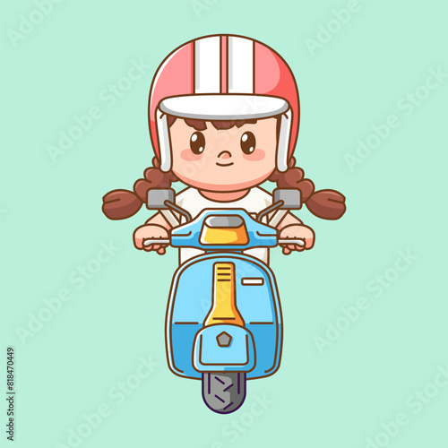 Cute girl wear helmed riding scooter kawaii chibi character mascot illustration