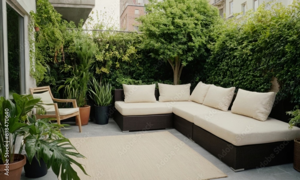 A patio with a couch and a few potted plants