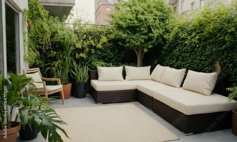 A patio with a couch and a few potted plants A patio with a couch and a few potted plants