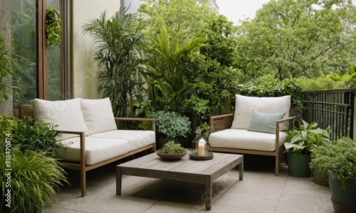 A patio with a white couch and two chairs, a table, and potted plants