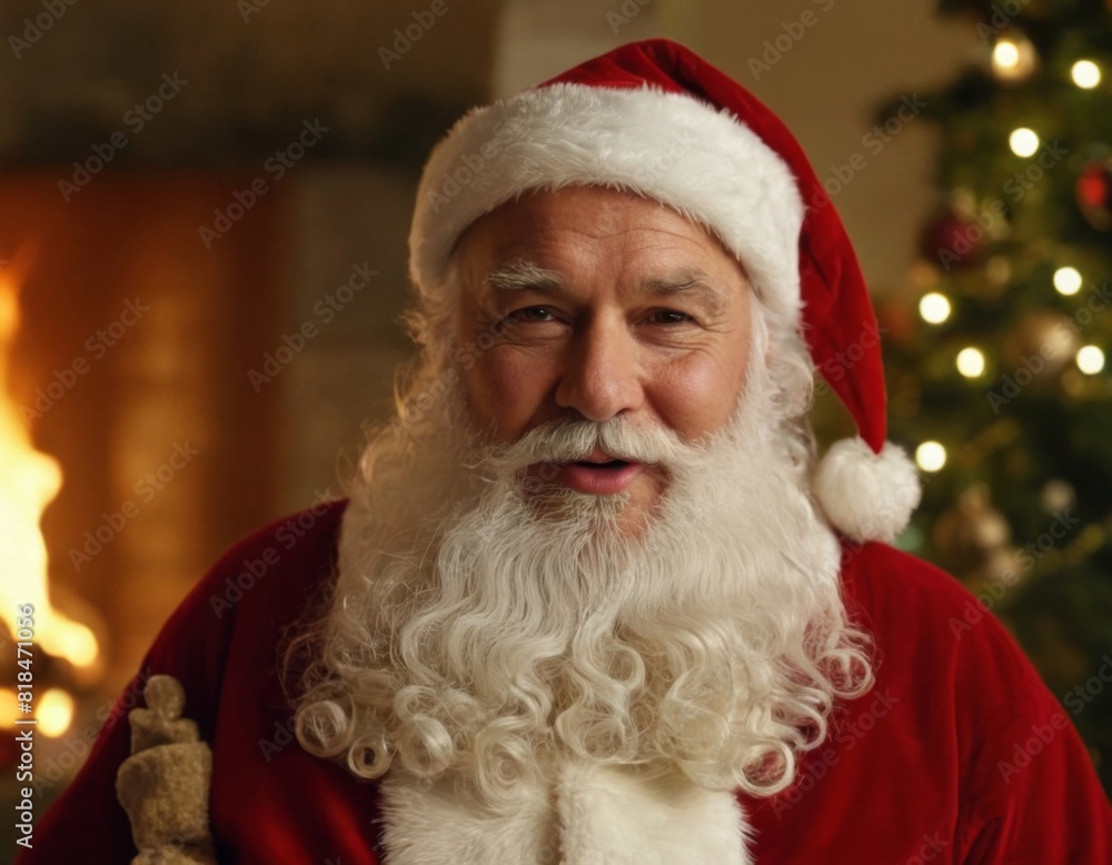 A smiling man in a red Santa hat and beard A smiling man in a red Santa hat and beard