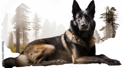 Double Exposure White Background Belgian Shepherd in front of a forest illustration   Created using Generative AI