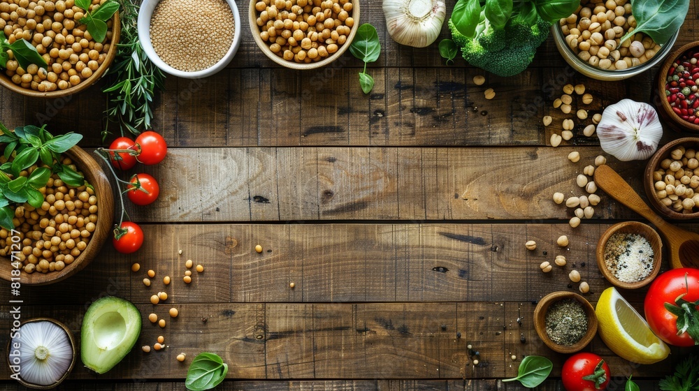 An overhead shot of a nutritious plant-based meal with fresh vegetables, grains, and legumes on a rustic wooden table, leaving blank space for text or graphics An overhead shot of a nutritious plant-based meal with fresh vegetables, grains, and legumes on a rustic wooden table, leaving blank space for text or graphics
