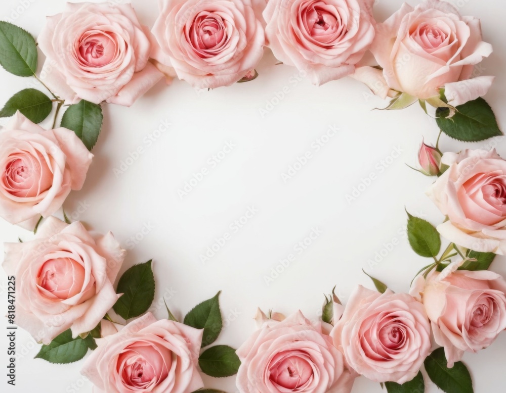 A white frame with pink roses surrounding it A white frame with pink roses surrounding it