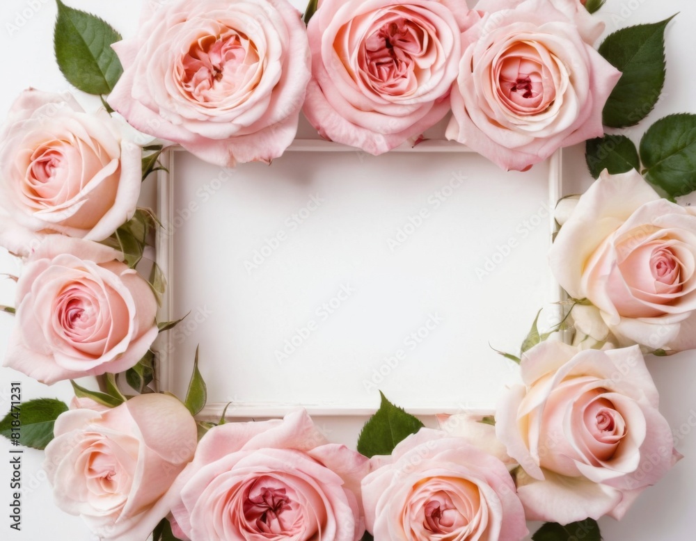 A white frame with pink roses surrounding it