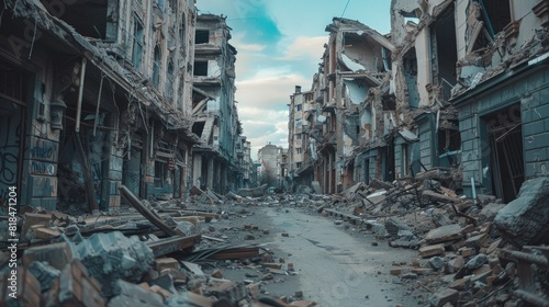 Ruined city buildings after war. City buildings damaged by war. street of a city destroyed by war © ISK PRODUCTION