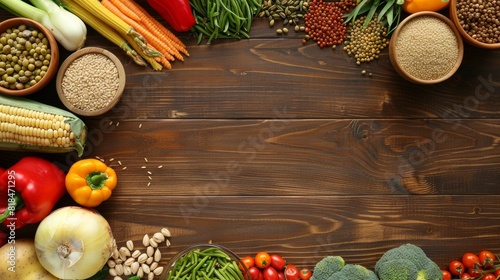 A close-up of innovative plant-based food products displayed on a wooden table, with a variety of colorful vegetables and grains arranged aesthetically, with ample copy space for text or graphics