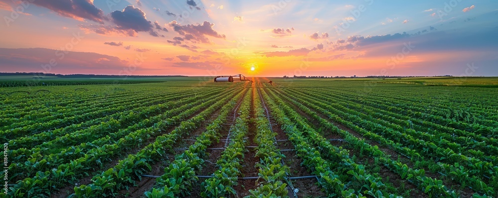 A vibrant sunset over a lush green field with rows of crops extending into the horizon, showcasing the beauty of rural agriculture. A vibrant sunset over a lush green field with rows of crops extending into the horizon, showcasing the beauty of rural agriculture.
