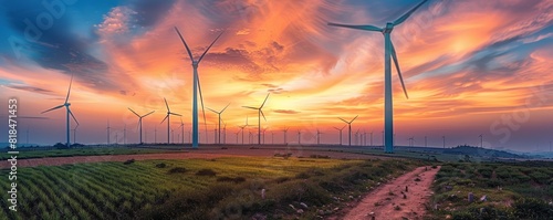 Majestic wind turbines under a vibrant sunset sky, illustrating sustainable energy production amidst natural beauty.