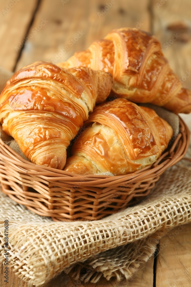 Close up of fresh croissants in a basket on a wooden table, focusing on the delicious pastries with golden crusts in warm light, social media post, recipe, snack	