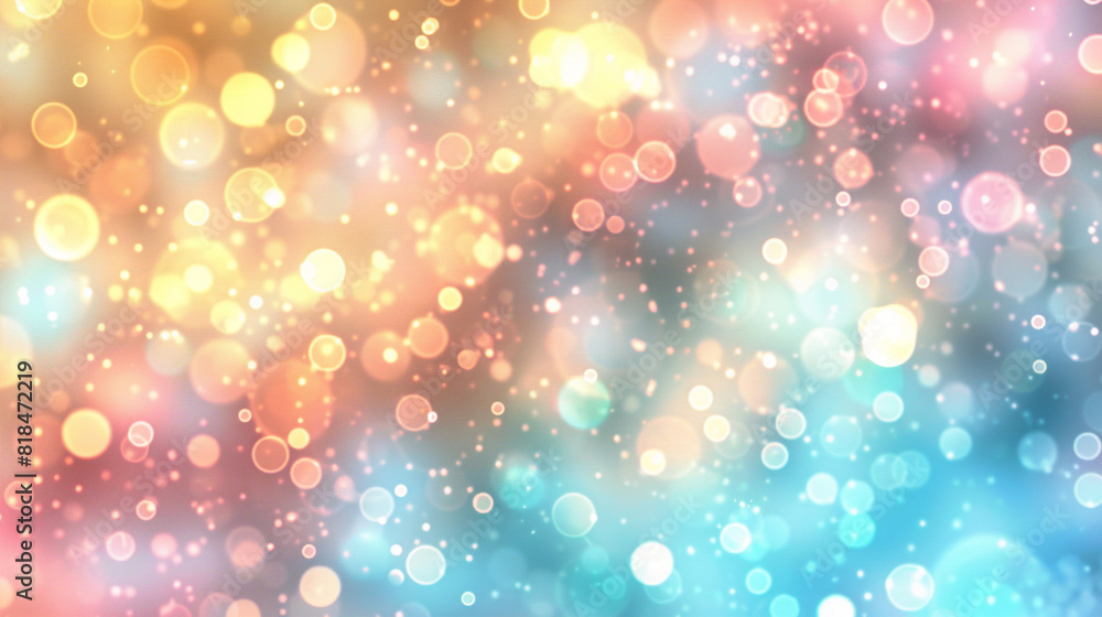 An abstract blur bokeh banner background in pastel colors, including soft pink, blue, and yellow bokeh lights.