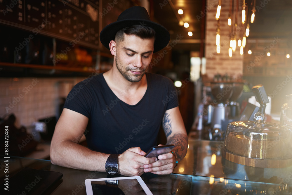 Phone, coffee shop and man in cafe with tablet for small business, stock inventory and store website. Restaurant, hospitality and owner by counter on digital tech for orders, online and social media