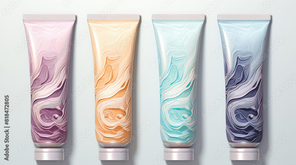 Fototapeta premium colorful tubes with abstract wave patterns on a light background, showcasing modern and creative packaging design. 