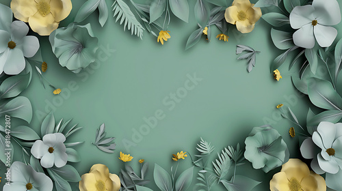 Vibrant floral artistry on soft pastel color, with yellow blooms and green leaves photo